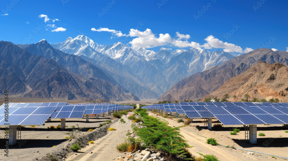 Rows of solar panels in vast open field with majestic mountains in ...