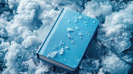 Blue notebook surrounded by ice frozen snow