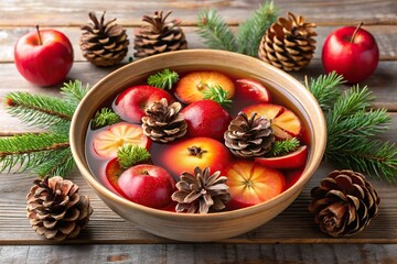 Festive holiday punch in a large ceramic bowl with floating pinecones and red apples, bowl, green, fall, party