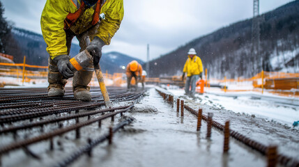 Construction workers pouring concrete at construction site in winter. scene captures hard work and dedication of team amidst snowy conditions