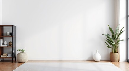 Minimalist living room with white wall, wooden floor, and rug.