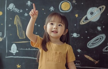 A cute little girl is standing in front of the blackboard, raising her hand to imitate drawing space and spaceships on it.