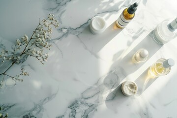 Wall Mural - A marble table featuring various bottles of skin care products