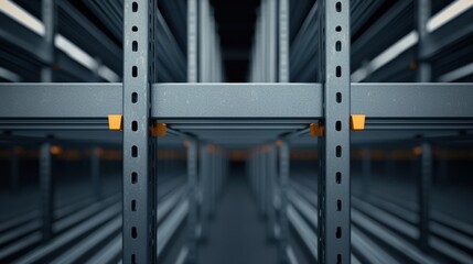 Empty metal shelving in a warehouse, designed for storage efficiency and organization.