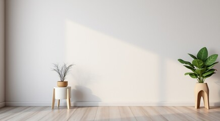 Empty white wall with wooden floor and two plants.