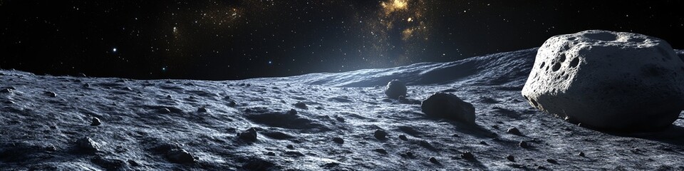 Wall Mural - a rocky, barren landscape with a large rock in the foreground. the sky is dark and the stars are vis