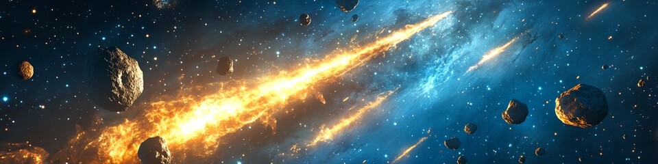 Wall Mural - a space scene with a comet shooting through the sky and a bunch of rocks falling from the sky