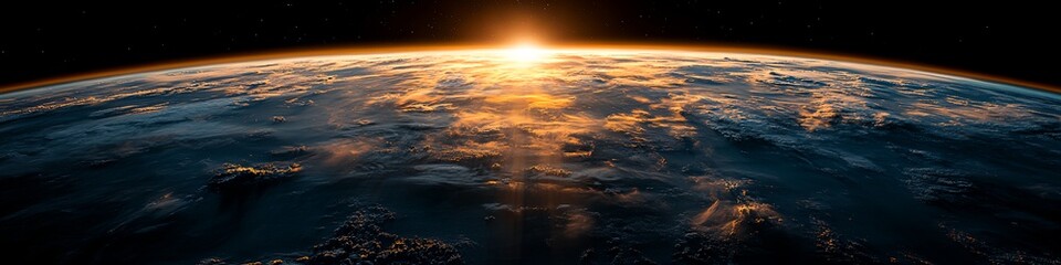 Wall Mural - the sun is setting on the planet earth. the sky is filled with clouds and the sun is shining brightl