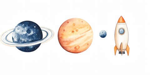 Wall Mural - a painting of a rocket, a planet and a moon. the rocket is in the middle and the planet and moon are