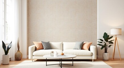 White sofa with pillows in front of a wall, with a coffee table and two plants.