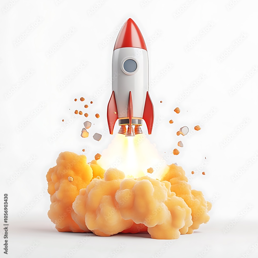 Cartoon rocket ship blasting off with flames on a white background ...