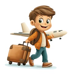 Wall Mural - A cartoon traveler boarding an airplane with a suitcase on a white background.