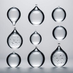 Wall Mural - Set of transparent water drops on a gray background.