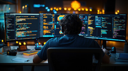 focused programmer working on multiple screens, immersed in code and technology.