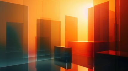 Minimalist Glass Panel Display, dark orange gradient background, square shapes in varying sizes, elegant blue gradient, soft backlighting, sleek black glass panel in front