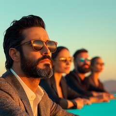 Stylish professionals enjoying a sunset meeting outdoors