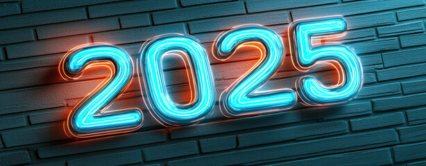 Wall Mural - Bright neon numbers 2025 glow against textured wall, creating futuristic vibe.