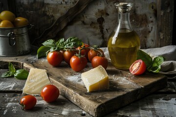 Poster - A wooden cutting board topped with cheese, tomatoes, and fresh herbs for a quick snack or appetizer