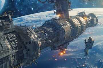 Wall Mural - space station orbiting earth with astronaut and city lights