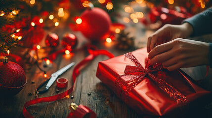 Wall Mural - A cozy holiday scene featuring hands wrapping a red gift amid festive decorations and soft lights, evoking the spirit of Christmas.