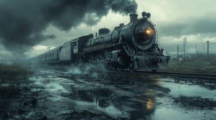 A Vintage Steam Locomotive Chugs Through a Rain-Soaked Landscape