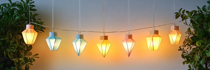 Festive paper cut Christmas lights in soft pastel shades aligned in a row Clear background with copy space for text