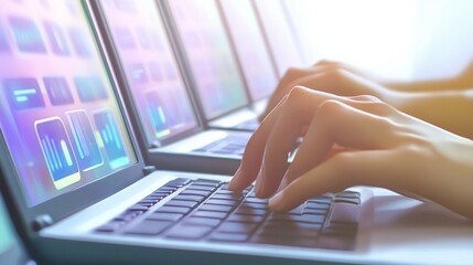 A close-up view of hands typing on laptops, showcasing modern technology and digital communication in a bright environment.