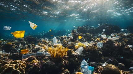 Wall Mural - Plastic Pollution Accumulated on an Underwater Reef