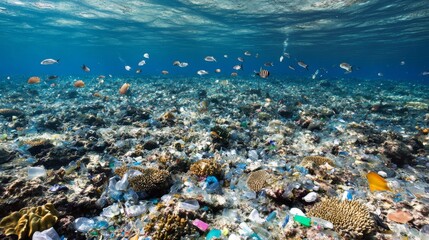 Wall Mural - Underwater coral reef littered with plastic waste and fish swimming.