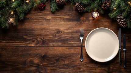 Empty wooden table set with knife and fork for Christmas viewed from above