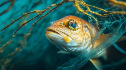 Wall Mural - A Close-Up of a Fish Trapped in a Plastic Net Underwater