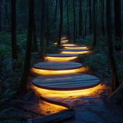 Glowing yellow light wooden pathway in the forest at night