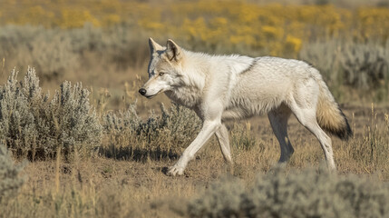 wolf in open meadow, natural wildlife