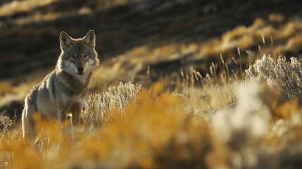 wolf in open meadow, natural wildlife