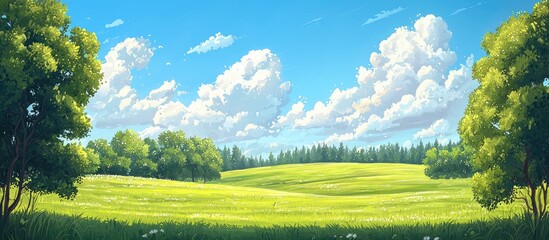 Fototapete - Summer Landscape With Green Grass On A Meadow Trees And Blue Sky