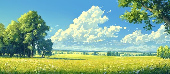 Fototapete - Summer Landscape With Green Grass On A Meadow Trees And Blue Sky