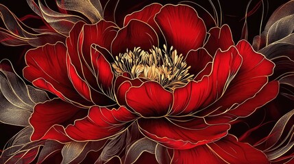 Leinwandbilder - Elegant red peony illustration featuring intricate golden outlines