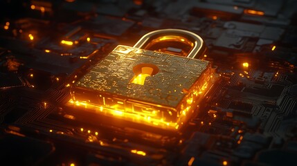 A golden padlock on top of an illuminated circuit background