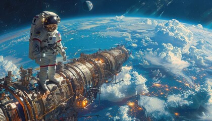 Wall Mural - astronaut standing on a spacecraft overlooking earth from space