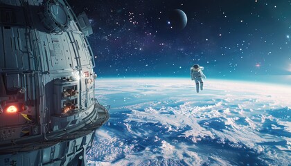 Wall Mural - astronaut floating in space near a futuristic space station and a planet