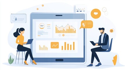 a modern workspace showcasing two professionals analyzing data on devices with graphs and charts in 