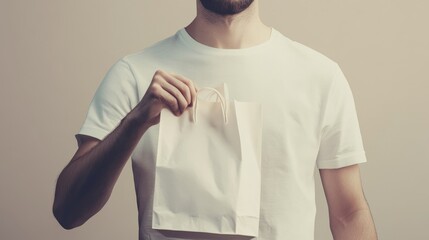 A person holds a clean paper bag in front of them, showcasing a minimalist style and neutral background.