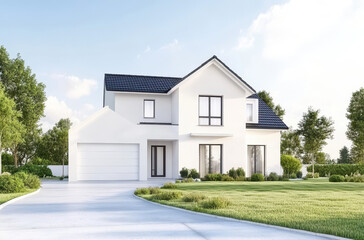 modern white house with lush green garden and blue sky