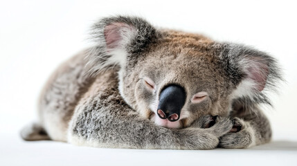Wall Mural - close-up of a sleeping koala resting its head on its arm against a plain white background, showcasin