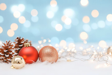 Wall Mural - festive christmas ornaments with pine cones on fluffy white fur