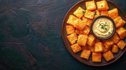 Wall Mural - Crispy Potato Bites with Creamy Dip on Rustic Plate