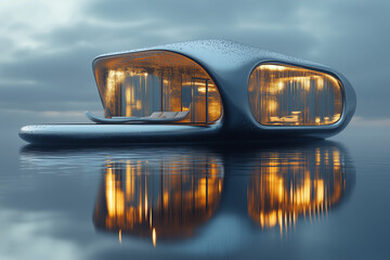 Futuristic floating houses of the future on the water surface background.