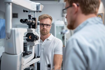 Two men are standing in front of an eye exam machine