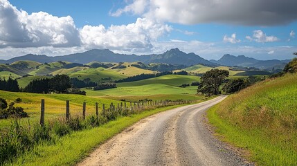 Scenic Highway with Green Fields and Rolling Hills