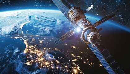 Wall Mural - spacecraft orbiting earth with city lights and stars visible